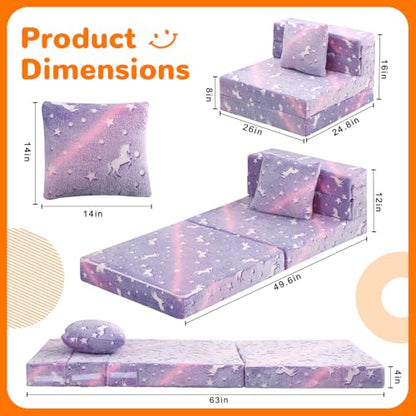 Foldable Futon Chair Bed for Kids, Glow Tri-Fold Sofa Bed Convertible Toddler Sofa Mattress, Foam Floor Couch for Sitting, Purple