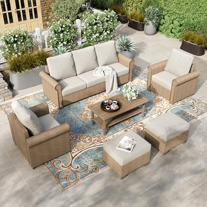 Patio Furniture Set, 4 x Cushioned Chairs, 3-Seat Sofa with Wood Grain Coffee Table, 5 Seats Luxury Windsor Style All Weahter Outdoor Sofa Conversation Set for Deck Lawn Backyard