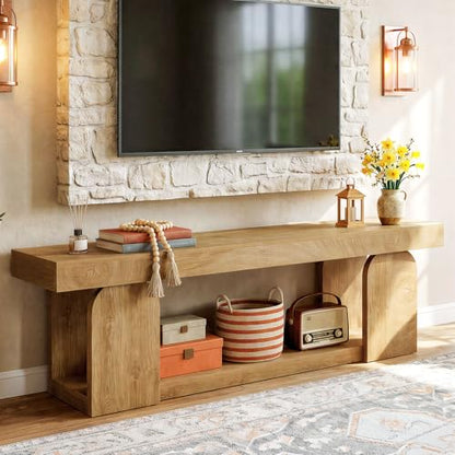 63" TV Stand for 55/60/65/75-Inch TVs, Farmhouse Entertainment Center with Storage Shelves, Wooden TV Media Console for Living Room, Bedroom, Natural Wood