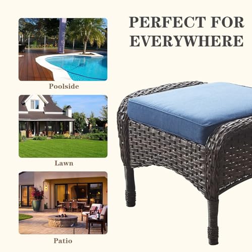 Outdoor Ottomans for Patio Foot Rest - 25 Inch PE Wicker Foot Stool Set of 2 with Removable Cushions for Patio Furniture Sets,All Weather Rattan Ottoman for Balcony Deck Backyard Brown