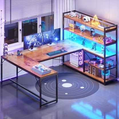 L Shaped Desk with Storage Shelves, 63” Reversible U Shaped Office Desk, Gaming Desk with Power Outlet and LED Lights for Home Office, Rustic Brown