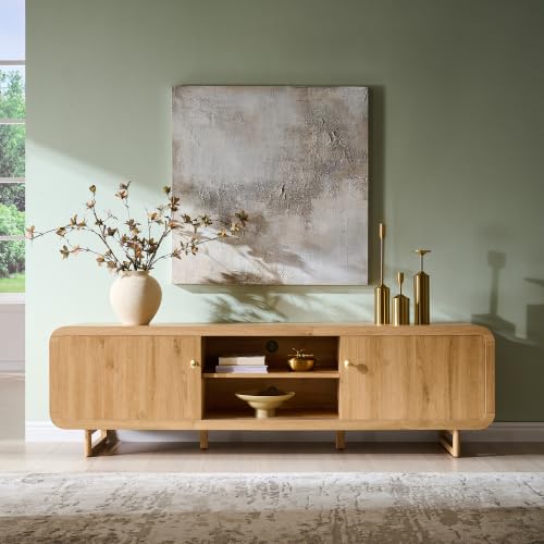 65" Curved TV Stand with Storage for TVs Up to 75", Sliding Doors, Natural, view 4