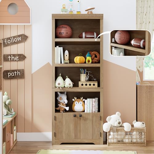 5 Tier Bookshelf, 69'' Tall Farmhouse Bookcase with 2 Doors & Adjustable Shelves, view 4