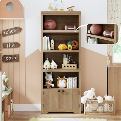 5 Tier Bookshelf, 69'' Tall Farmhouse Bookcase with 2 Doors & Adjustable Shelves, view 4