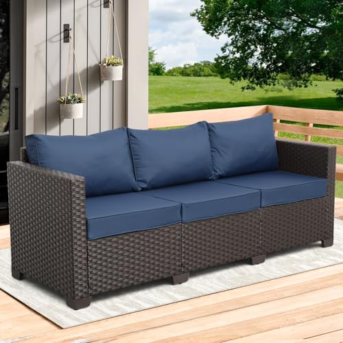 3-Seat Patio Wicker Sofa, Outdoor Rattan Couch Furniture Steel Frame with Furniture Cover and Deep Seat High Back, Blue Anti-Slip Cushion.