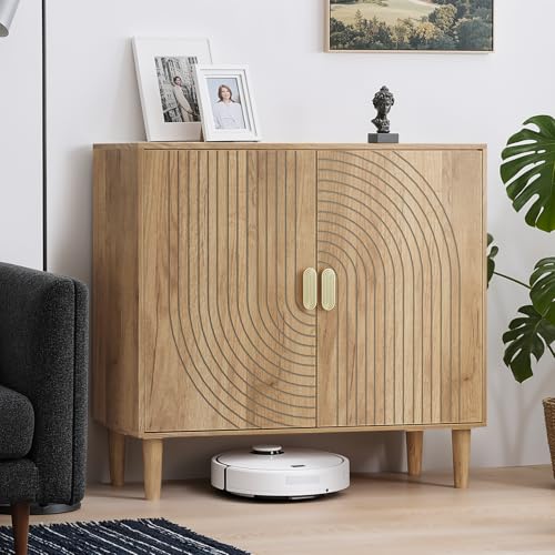 Oak Sideboard Cabinet, Freestanding Buffet Cabinet with Line Groove Design, view 2