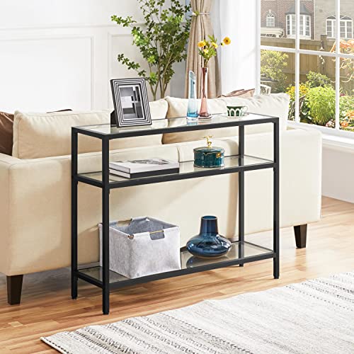 Yaheetech 39.5" Console Table with 3 Storage Shelves,Tempered Glass Sofa Table, Modern Entryway Tables with Metal Frame for Hallway Living Room Bedroom, Easy Assembly, Black