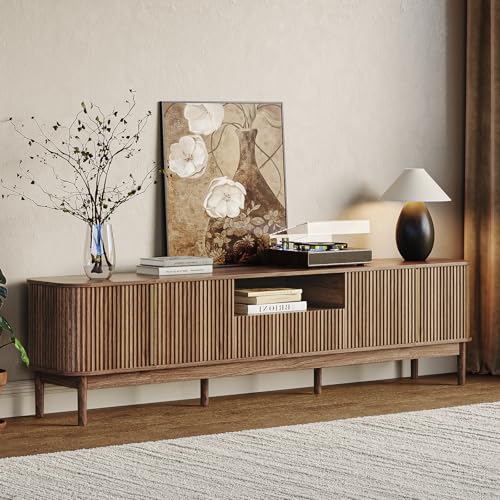 86.6'' Fluted TV Stand for 75/80/85 Inch TVs, Mid Century Modern Entertainment Center with Large Storage Space & Open Shelves, Walnut TV Console with Sliding Doors for Living Room