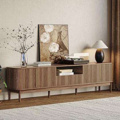 86.6'' Fluted TV Stand for 75/80/85 Inch TVs, Mid Century Modern Entertainment Center with Large Storage Space & Open Shelves, Walnut TV Console with Sliding Doors for Living Room