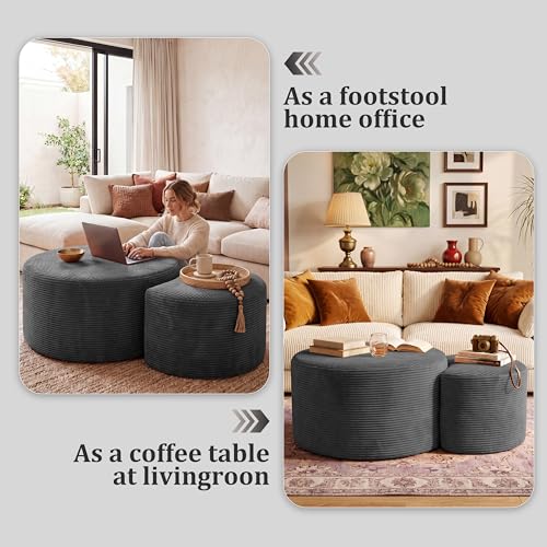 Boneless Ottoman Nesting Coffee Table Set of 2,Corduroy Soft Foot Rest Movable LargePouf Footstool for Living Room Sofa Couch Bedroom Entryway and Small Spaces No Assembly (Dark Gray)