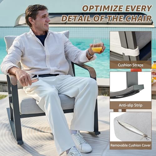 Glider Rocking Chair Bistro Set, 3 Pieces Outdoor Patio Furniture Conversation Set with 2 Rocker Chairs, 1 Table and Thick Cushions for Backyard, Porch, Balcony, 350lbs, Grey.