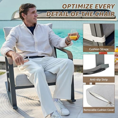 Glider Rocking Chair Bistro Set, 3 Pieces Outdoor Patio Furniture Conversation Set with 2 Rocker Chairs, 1 Table and Thick Cushions for Backyard, Porch, Balcony, 350lbs, Grey.