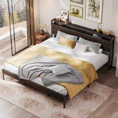 California King Bed Frames with 2-Tier Storage Shelf Headboard, view 6