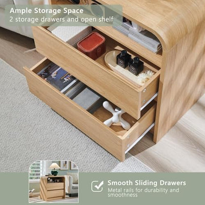 25" Tall Modern Nightstand with Charging Station, 23.6'' Wide Wood Bedside Table w/2 Storage Drawers, Large Mid Century End Table for Bedroom, Living Room, Curved Profile Design,Natural Oak