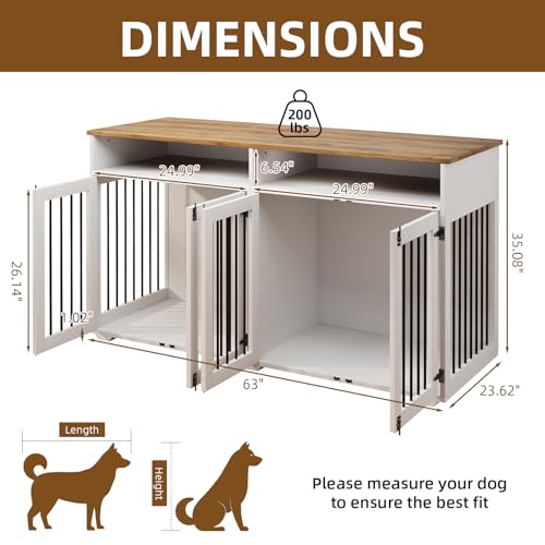 63'' Dog Crate Furniture for 2 Dogs, Wooden Dog Cage with Storage Compartment, view 3