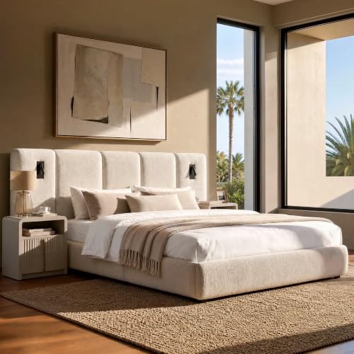 Queen Upholstered Bed Frame with Extended Headboard, Beige, view 4