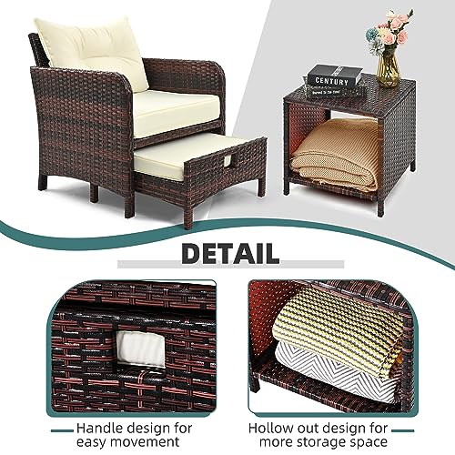 5 Pieces Patio Furniture Set, Rattan Balcony Furniture with Ottomans, PE Wicker Outdoor Patio Chairs Set with Coffee Table for Poolside, Porch, Lawn, Garden, Balcony(Beige)