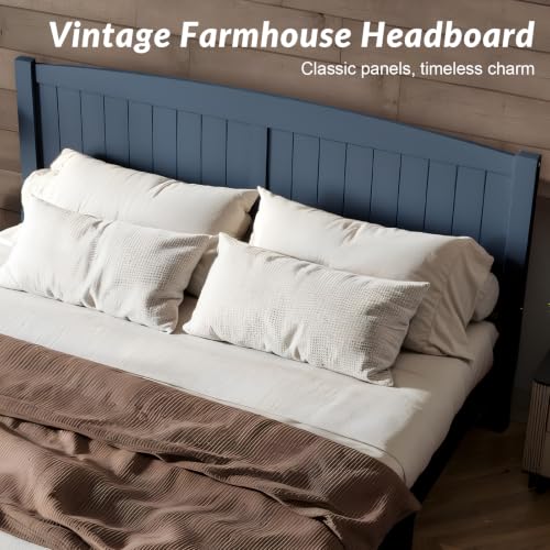 King Size Farmhouse Bed Frame with Headboard & Footboard, Blue Wood Bed, view 4