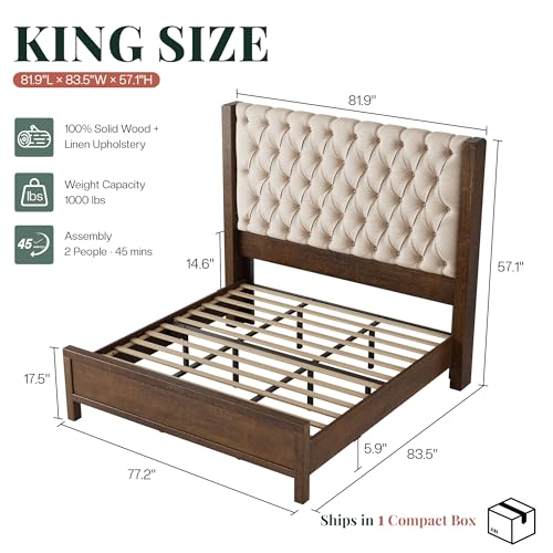King Size Solid Wood Bed Frame,57" Wingback Headboard,Walnut, view 3