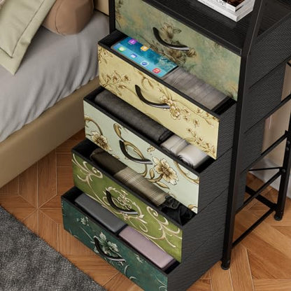 5 Drawer Dresser, Vertical Storage Tower Fabric Dresser for Bedroom, Hallway, Entryway, Nursery, Closet Organizer, Nightstand Bedside Table Furniture, Sturdy Steel Frame, Wood Top