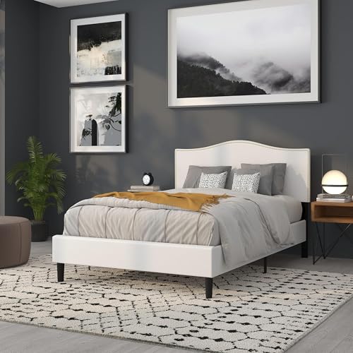 Contemporary Full Upholstered Panel Headboard, White Fabric with Brass Nailhead Trim, Adjustable Black Metal Legs, 56.75 in Wide, Bedroom Furniture for Master, Guest, or Apartment Use