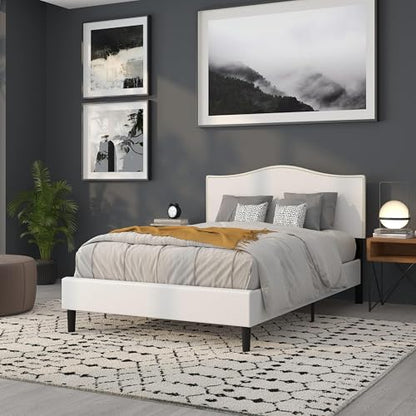 Contemporary Full Upholstered Panel Headboard, White Fabric with Brass Nailhead Trim, Adjustable Black Metal Legs, 56.75 in Wide, Bedroom Furniture for Master, Guest, or Apartment Use