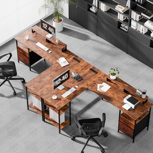 62” L Shaped Desk with Drawers and Power Outlet, Rustic Brown, view 3