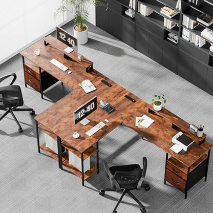 62” L Shaped Desk with Drawers and Power Outlet, Rustic Brown, view 3