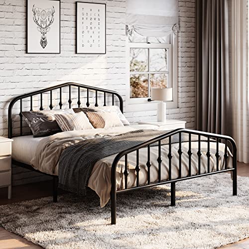 Full Size Metal Bed Frame with Wrought Iron-Art Headboard, Black, view 3