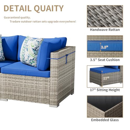 7 Piece Patio Furniture Set, Outdoor Wicker Patio Sofa Set, PE Rattan Sectional Couch with Glass Table and Blue Cushions, All-Weather 7 Piece Outdoor Patio Furniture Sets, Grey