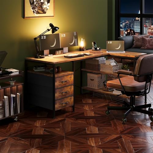 L Shaped Computer Desk, 47 Inch Corner Desk with Drawers and Power Outlets, Home Office Desk for Gaming, Study Writing PC Table with Storage and Reversible Shelf, Rustic Brown