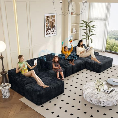 150" Modular Sectional Couch with Bluetooth Speaker, 5-Piece Cloud Sectional Sofa with Console, Storage, USB, 2 Ottoman & Cup Holder, U Shaped Boneless Couches for Living Room Furniture, Black
