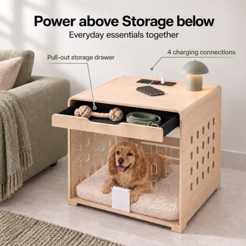 Modern Dog Kennel Furniture Wooden Crate with Charging Station End Table, view 4