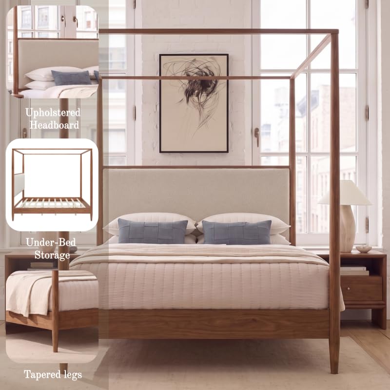 King Canopy Bed with Boucle Headboard ＆ Tapered Legs (Walnut), view 5