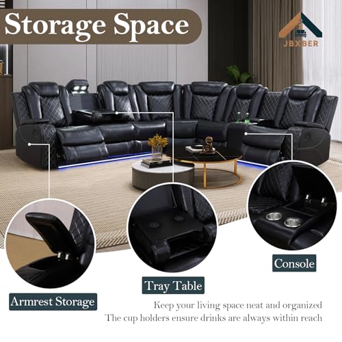 Power Recliner Sectional Sofa Set for Living Room, Leather Recliner Sofa Sets, L-Shaped Corner Sectional Couch Sets with LED Lights, Console Storage(Sectional,Black)