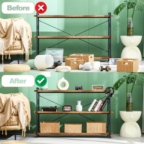 Bookshelf, 3-Tier Long Industrial Bookcase, Rustic Open Book Shelf, Freestanding Horizontal Bookshelves with Metal Frame