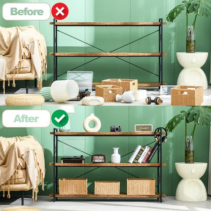 Bookshelf, 3-Tier Long Industrial Bookcase, Rustic Open Book Shelf, Freestanding Horizontal Bookshelves with Metal Frame