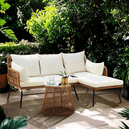3-Piece Outdoor Patio Furniture Set, L-Shaped Rattan Sectional Sofa with Thick Cushions, Glass Coffee Table – All-Weather Conversation Set for Backyard, Porch, Poolside
