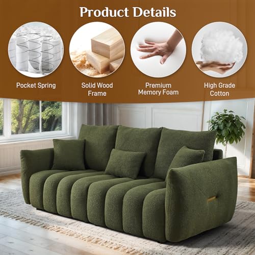 Boucle Cloud Sofa Couch, Comfy Upholstered Deep Seat Boucle Sofa, Cozy Modern 3 Seater Couch with 3 Pillows, Oversized Loveseat for Living Room Apartment Office, Olive Green