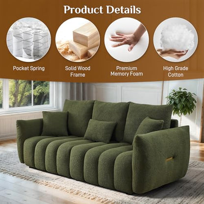 Boucle Cloud Sofa Couch, Comfy Upholstered Deep Seat Boucle Sofa, Cozy Modern 3 Seater Couch with 3 Pillows, Oversized Loveseat for Living Room Apartment Office, Olive Green