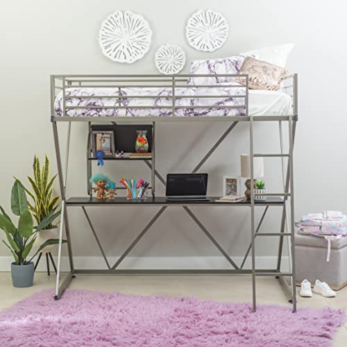 Powell Furniture Z-Bedroom Metal Pewter Powder Coated Twin Size Loft Study Bunk Bed with Computer Desk