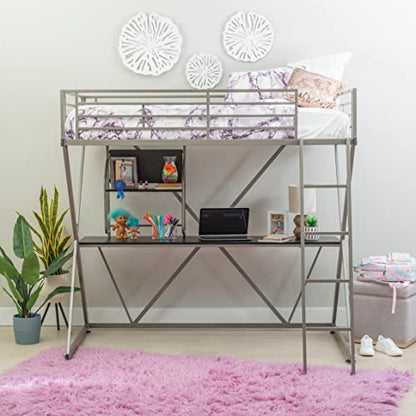 Powell Furniture Z-Bedroom Metal Pewter Powder Coated Twin Size Loft Study Bunk Bed with Computer Desk