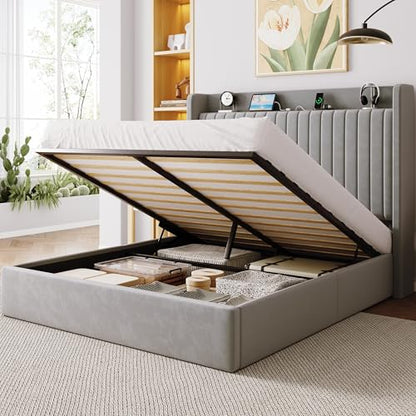 Queen Lift Up Storage Hydraulic Bed Frame,Charging Station,Grey, view 2
