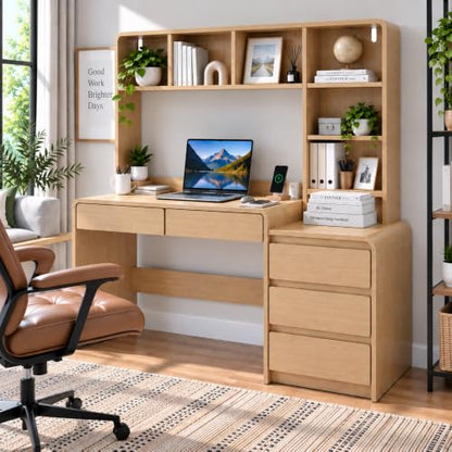 55" Computer Desk with Hutch, File Cabinet, Power Outlets & LED Lights, view 2
