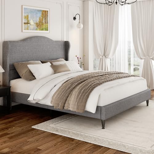 Queen Size Upholstered Platform Bed Frame, Light Grey, view 4