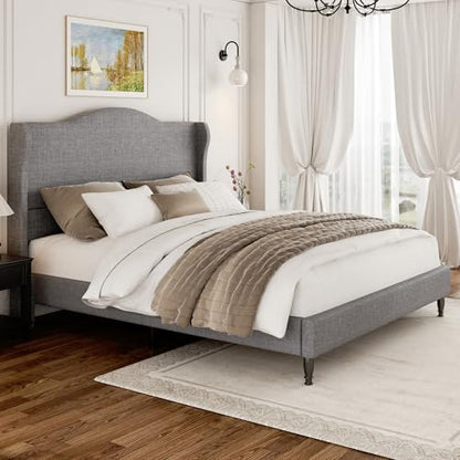 Queen Size Upholstered Platform Bed Frame, Light Grey, view 4