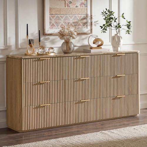 63"W Fluted 9 Drawer Bedroom Dresser, with Faux Marble Top,Natural Oak, view 2