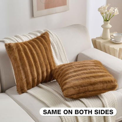 Pack of 2 Faux Mink Fur Throw Pillow Covers 12x20 Inch Soft Fluffy Dyeing Striped Textured Farmhouse Decorative Lumbar Pillowcases Modern Home Decor for Couch Bed Living Room, Camel