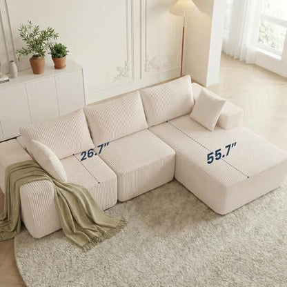 108" L-Shaped Sectional Boneless Couch for Living Room, Upholstered Corduroy Sofa with Deep Seat for Small Apartment, Bedroom, No Assembly in a Box, Right Facing Chaise, Beige