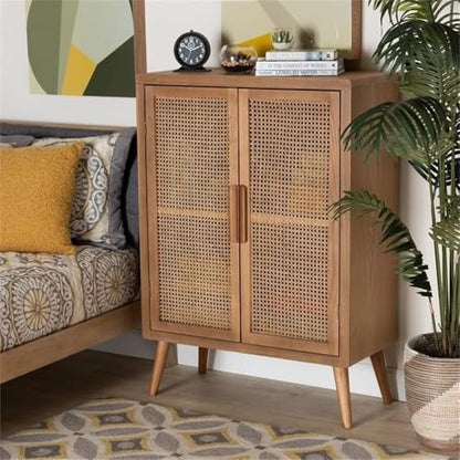 Mid-Century Wood/Rattan 2-Door Storage Cabinet, Oak Finish, 44.29" H x 31.5" W x 14.17" D, Adjustable Shelves, Angled Legs, Elegant Accent Chest for Living Room or Entryway